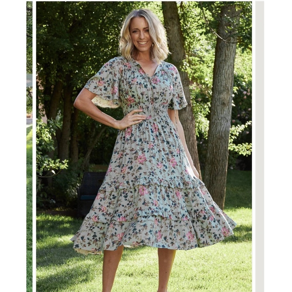Baltic Born Floral Smocked Tiered Midi Dress Sage Green Flutter Sleeve Small